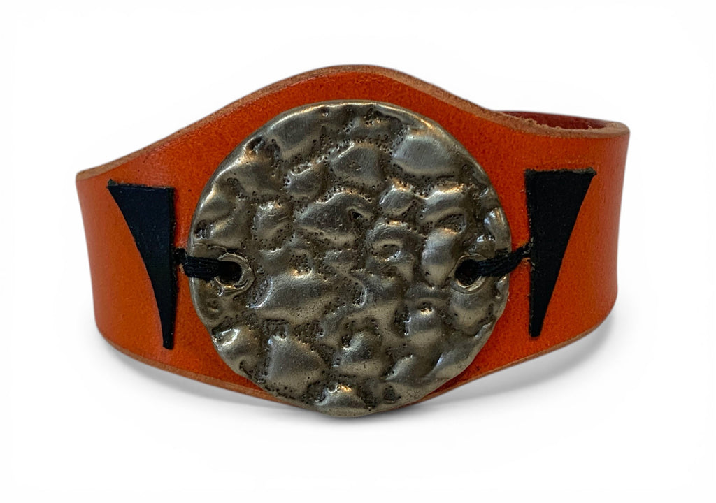 Handmade leather hand bracelet with white bronze medallion