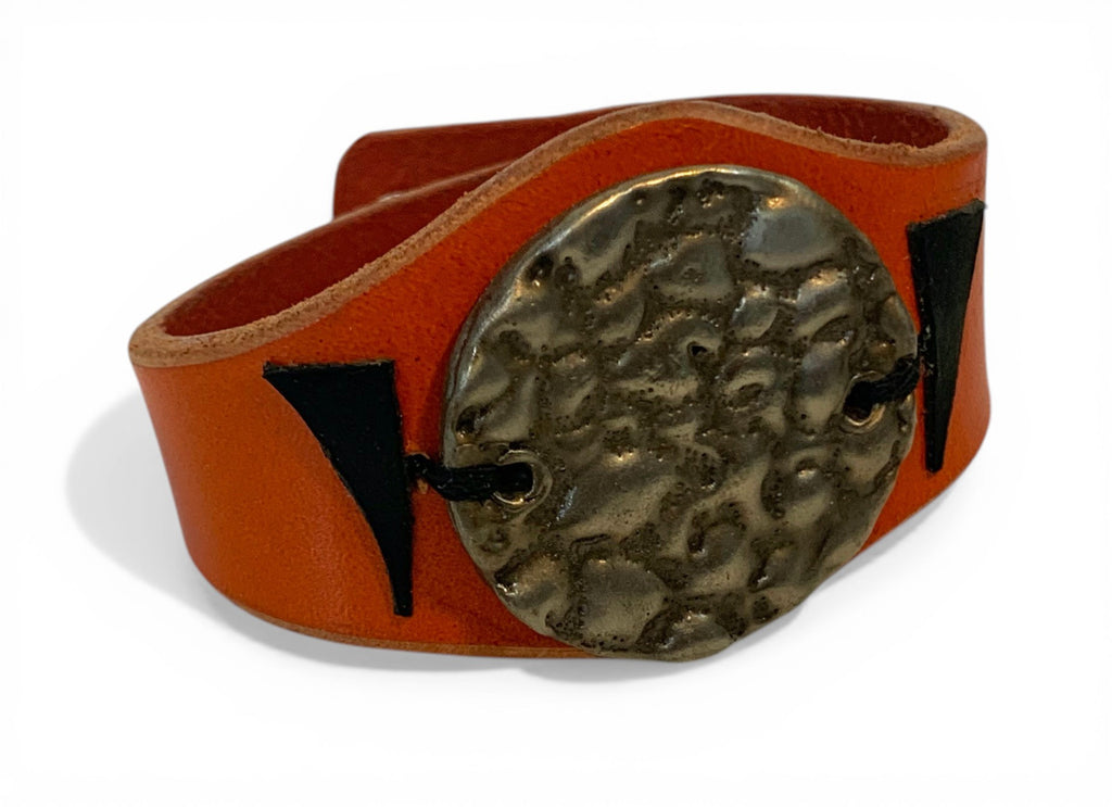 Handmade leather hand bracelet with white bronze medallion
