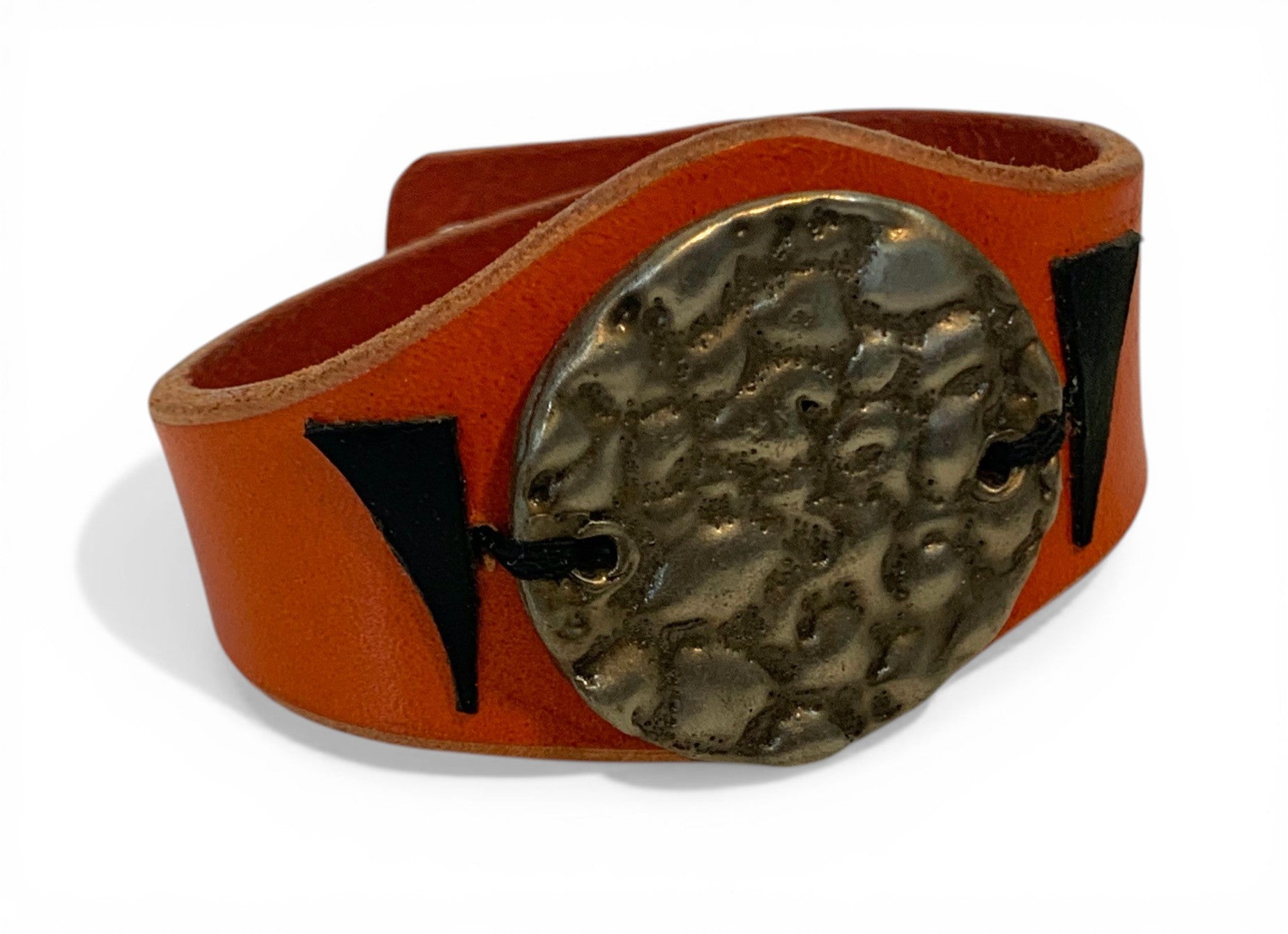 Handmade leather hand bracelet with white bronze medallion