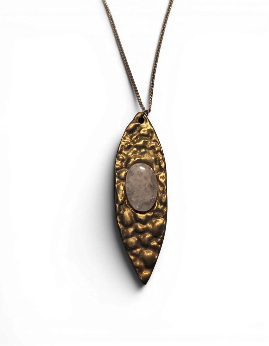 White bronze oval pendant with crystal rock insert and polish finishing.