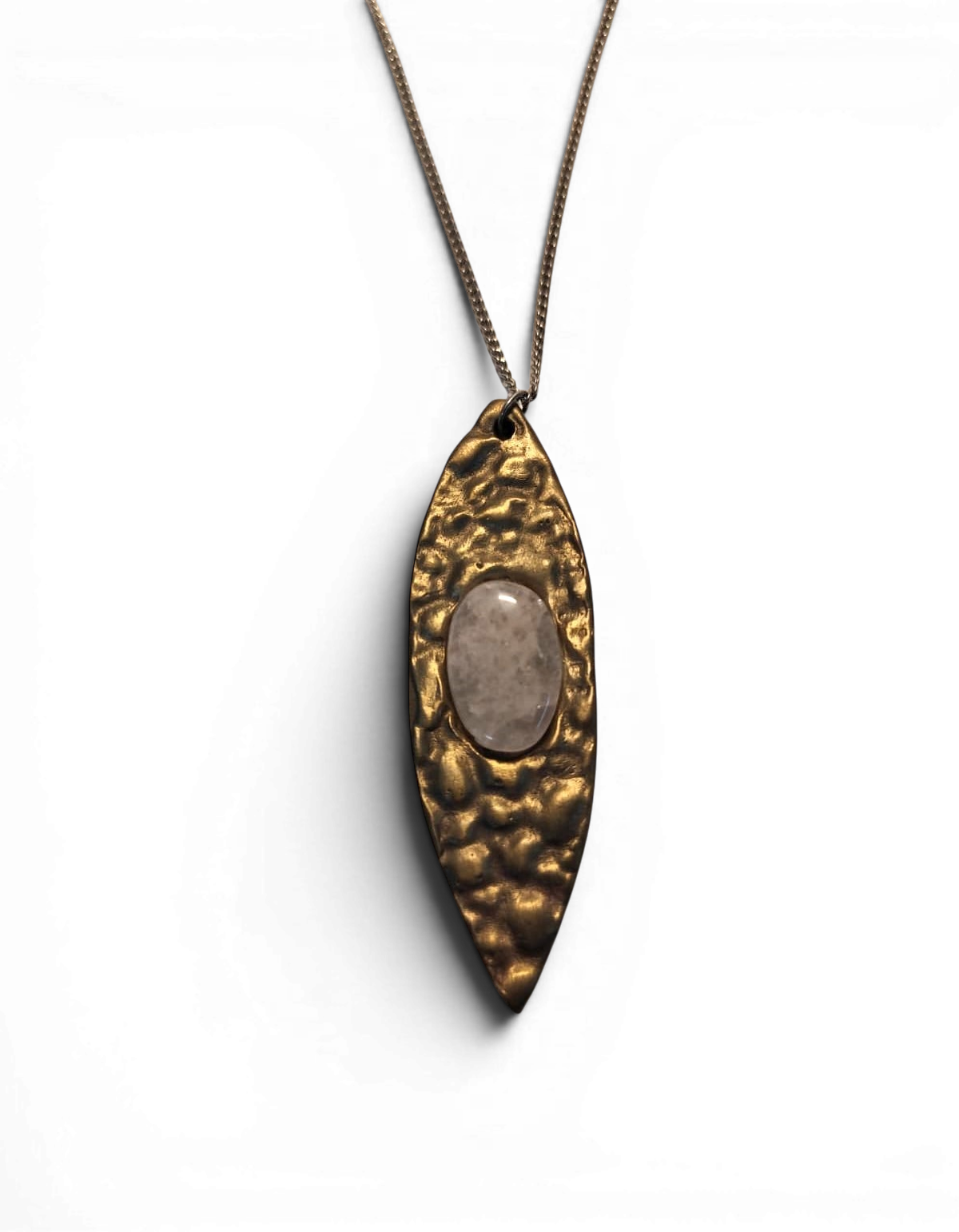 White bronze oval pendant with crystal rock insert and polish finishing.