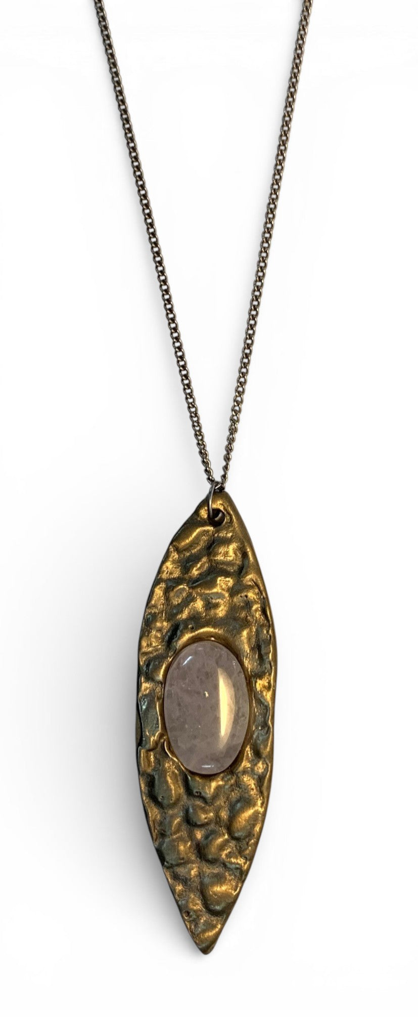 White bronze oval pendant with crystal rock insert and polish finishing.
