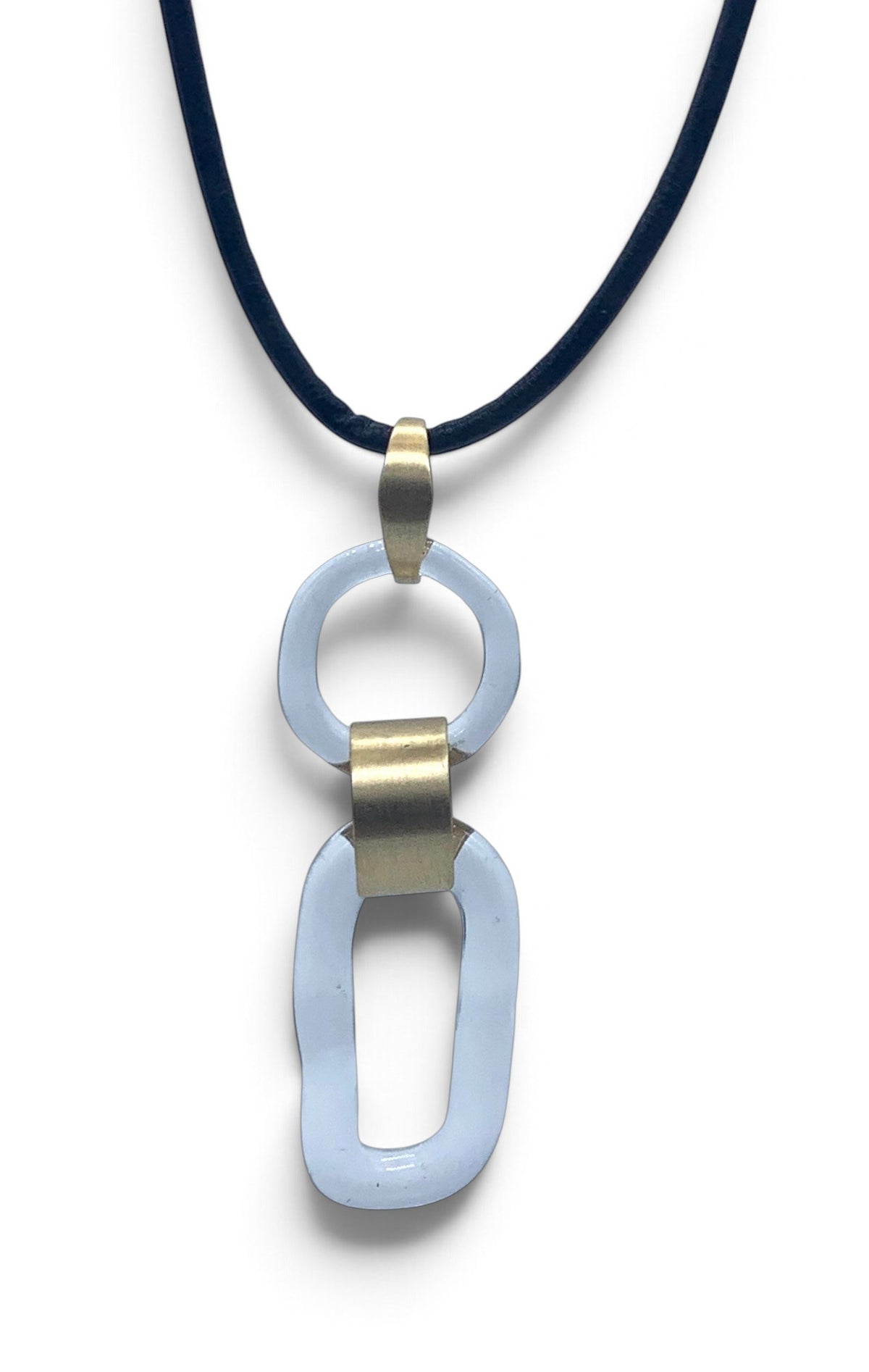 Glass pendant with polished bronze links
