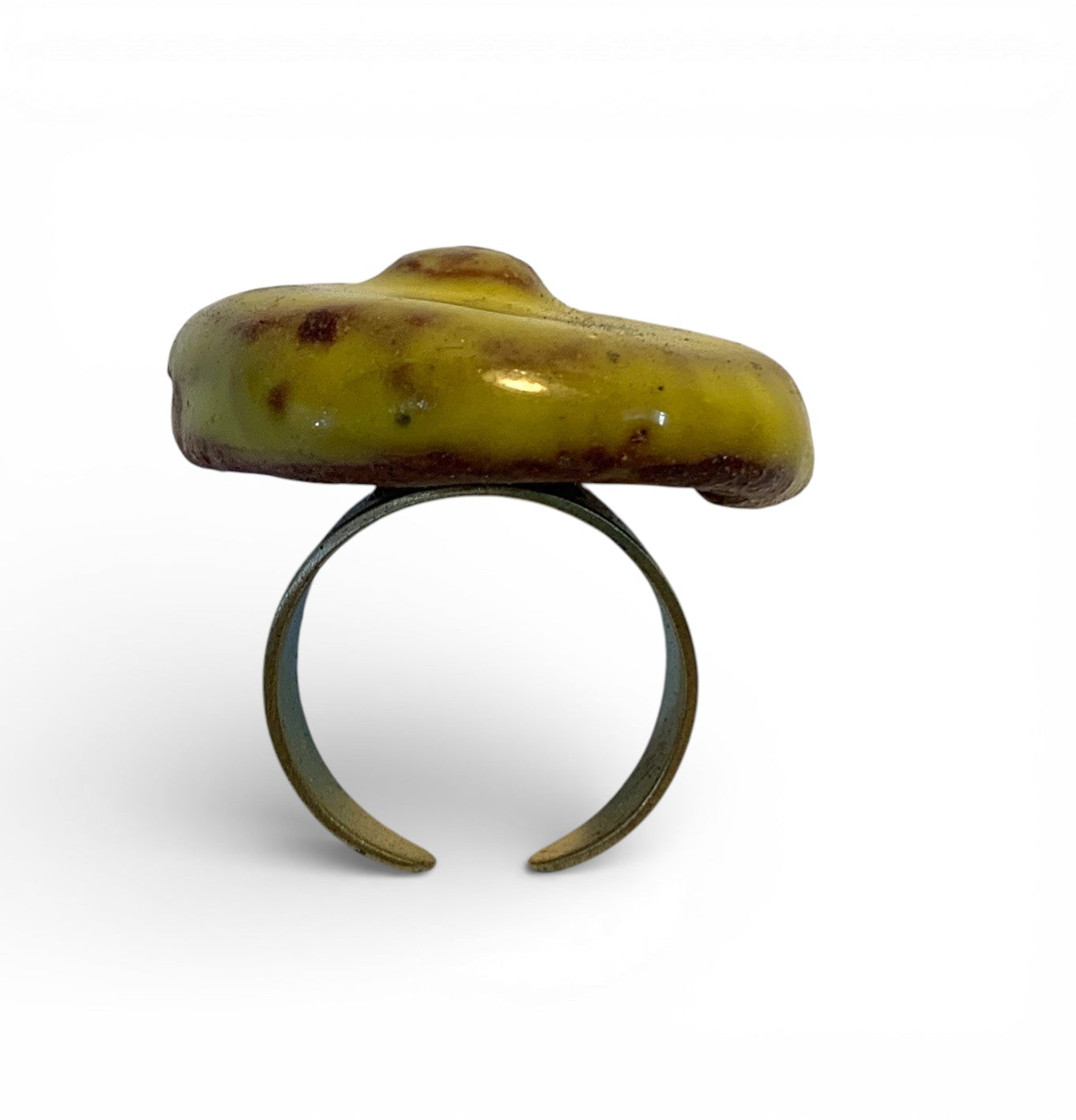 Ceramic and brass ring with green moss enamel