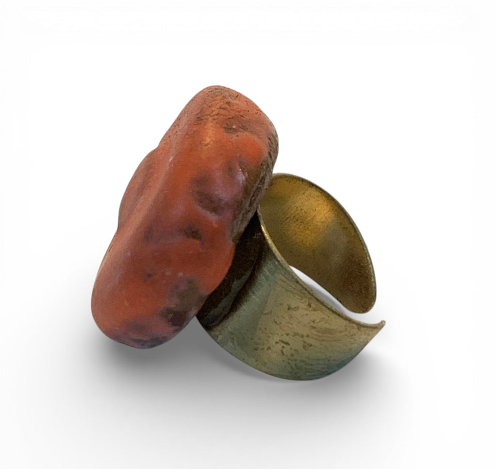 Ceramic and brass ring with terracotta enamel