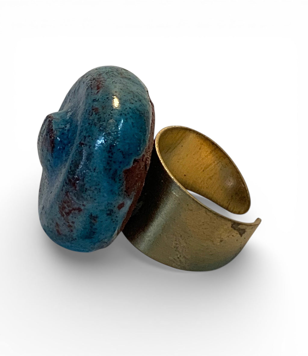 Ceramic and brass ring with ocean deep blue enamel
