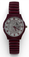 Purple watch with expandable and adjustable bracelet.