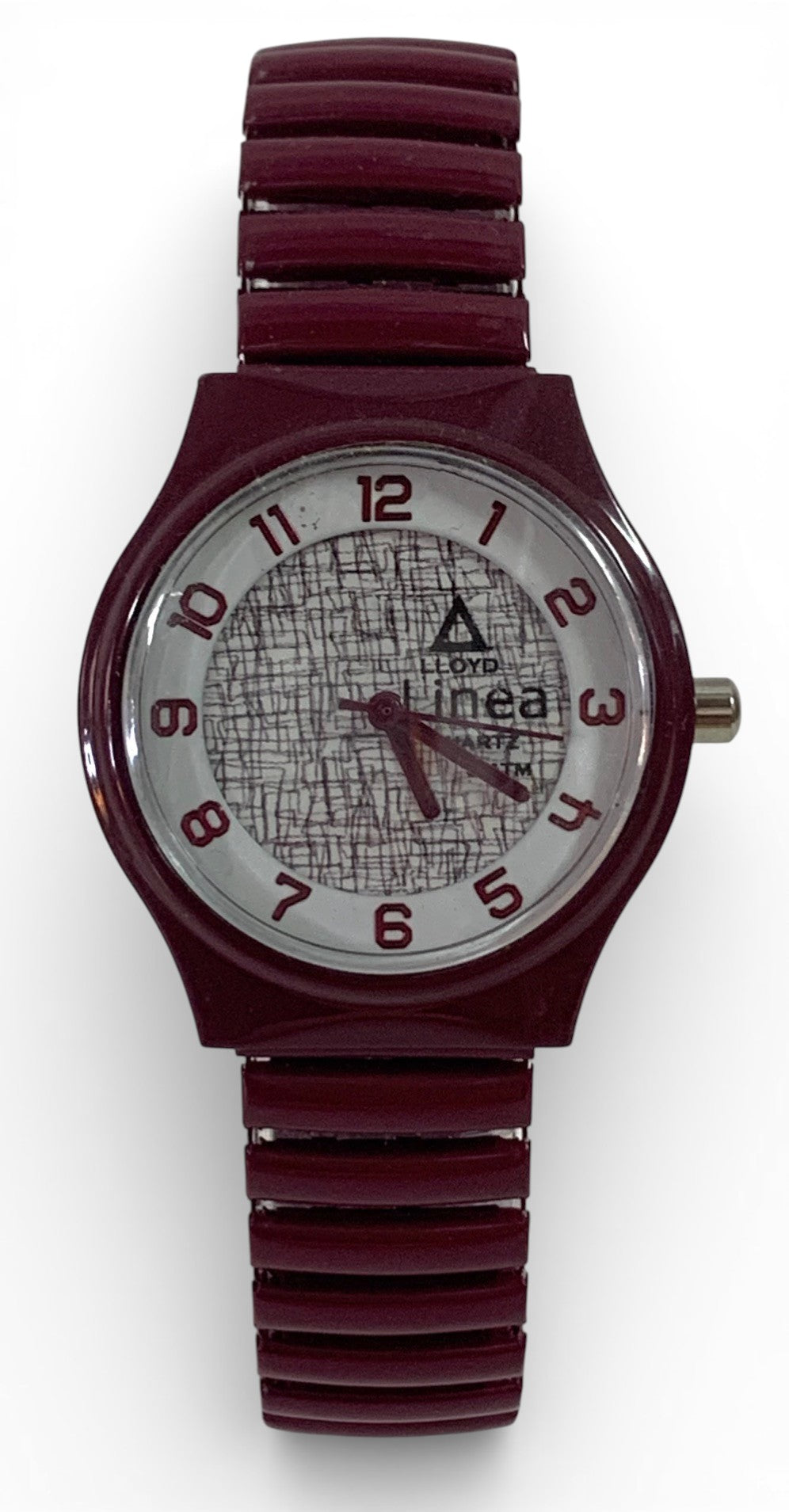 Purple watch with expandable and adjustable bracelet.