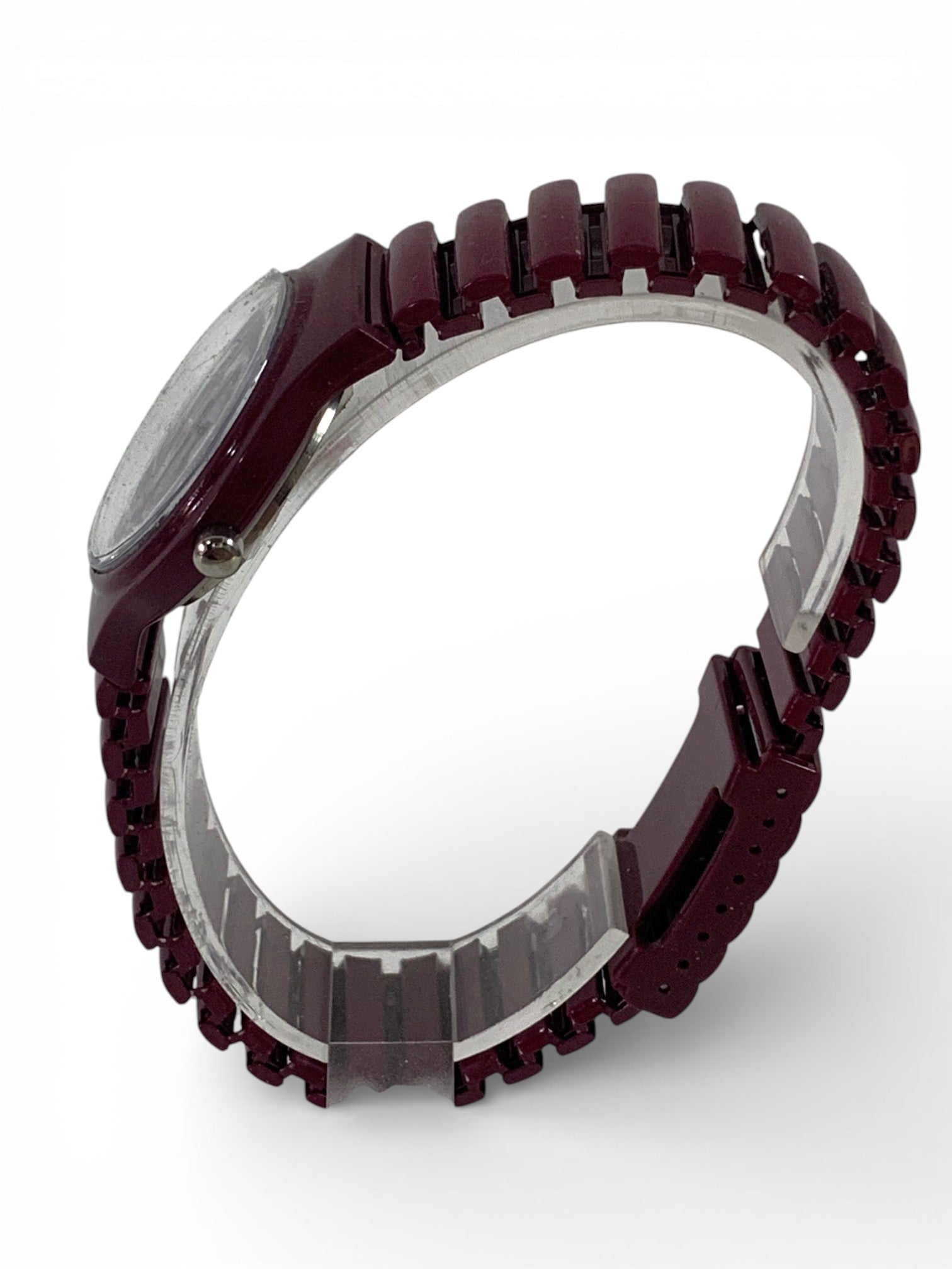 Purple watch with expandable and adjustable bracelet.
