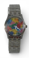 Stainless steel women watch with rainbow inspired design background