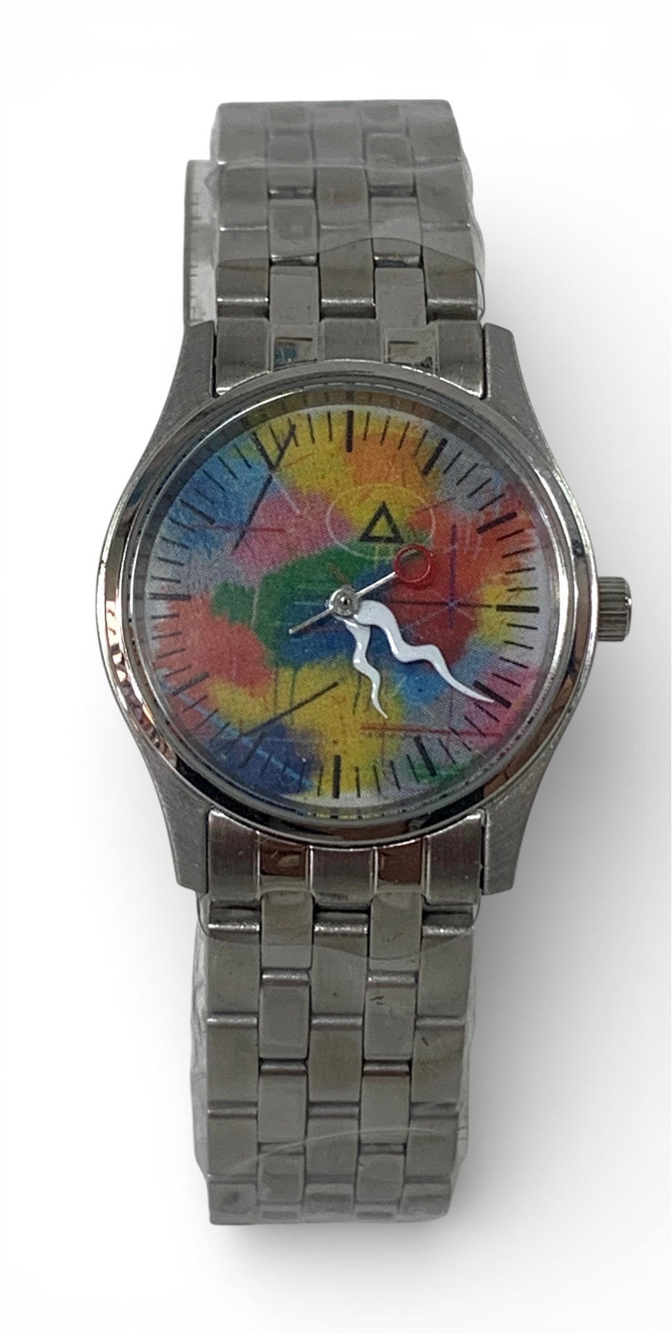 Stainless steel women watch with rainbow inspired design background