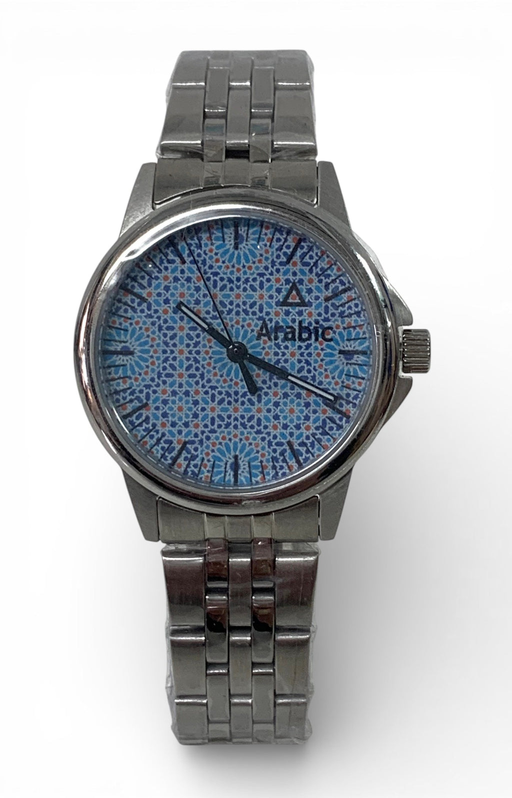 Stainless steel watch and bracelet with arabic motif background.