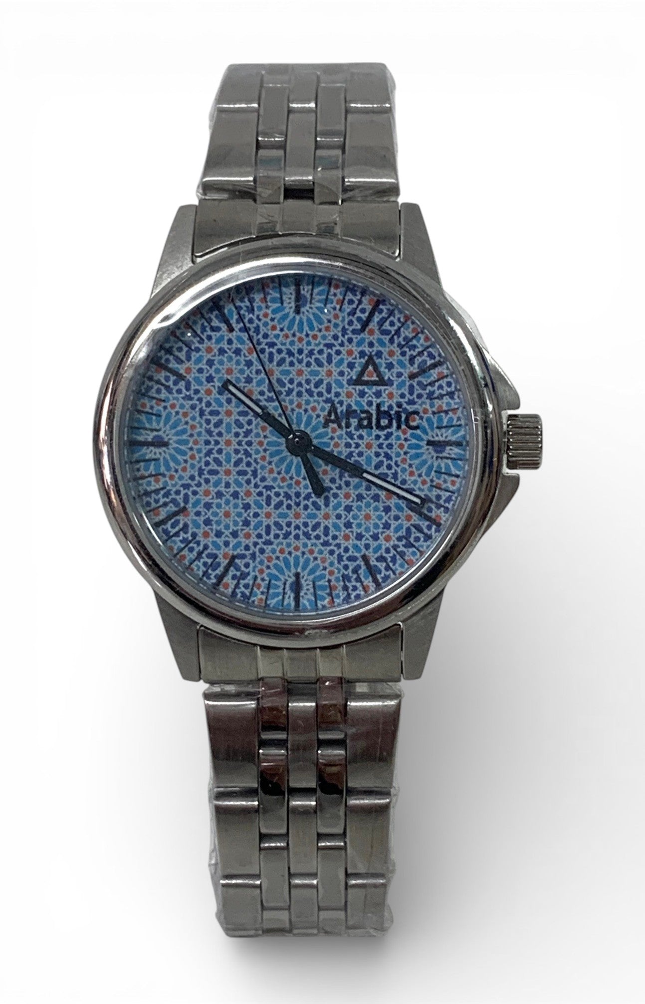 Stainless steel watch and bracelet with arabic motif background.