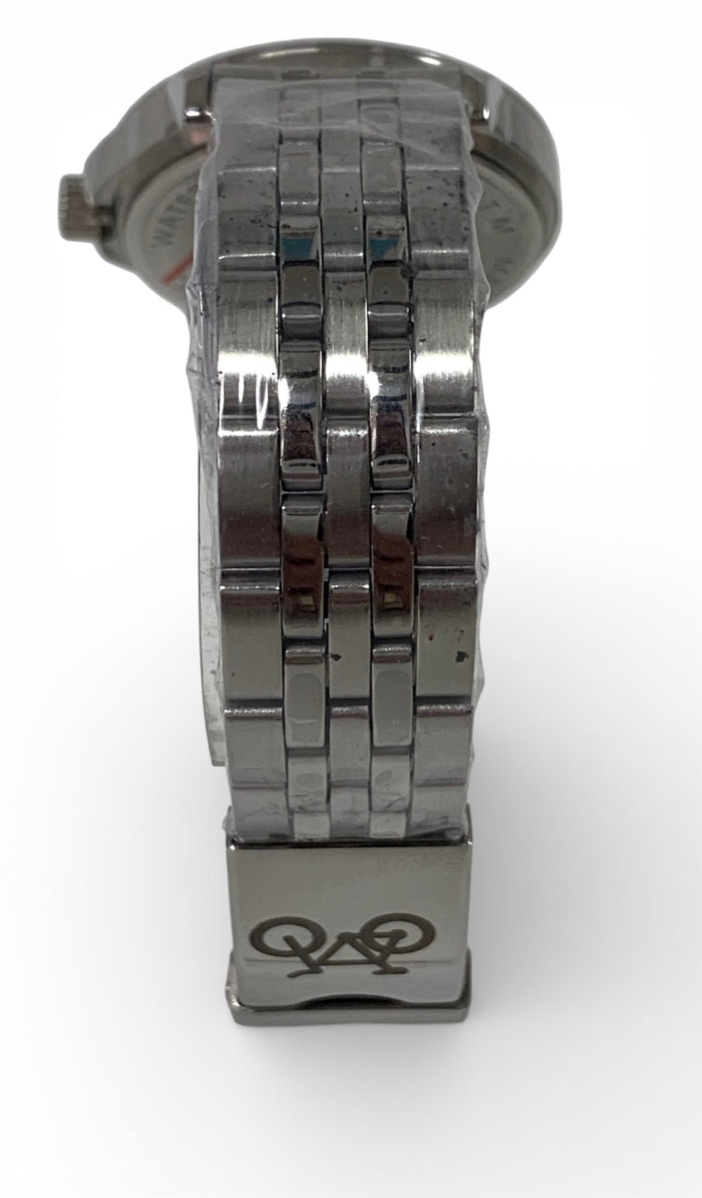 Stainless-steel watch and bracelet with bicycle inspired background.