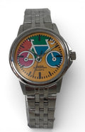 Stainless-steel watch and bracelet with bicycle inspired background.
