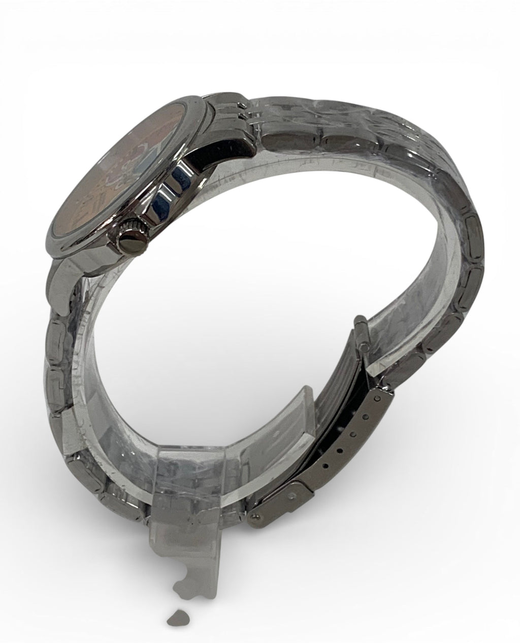 Stainless-steel watch and bracelet with bicycle inspired background.