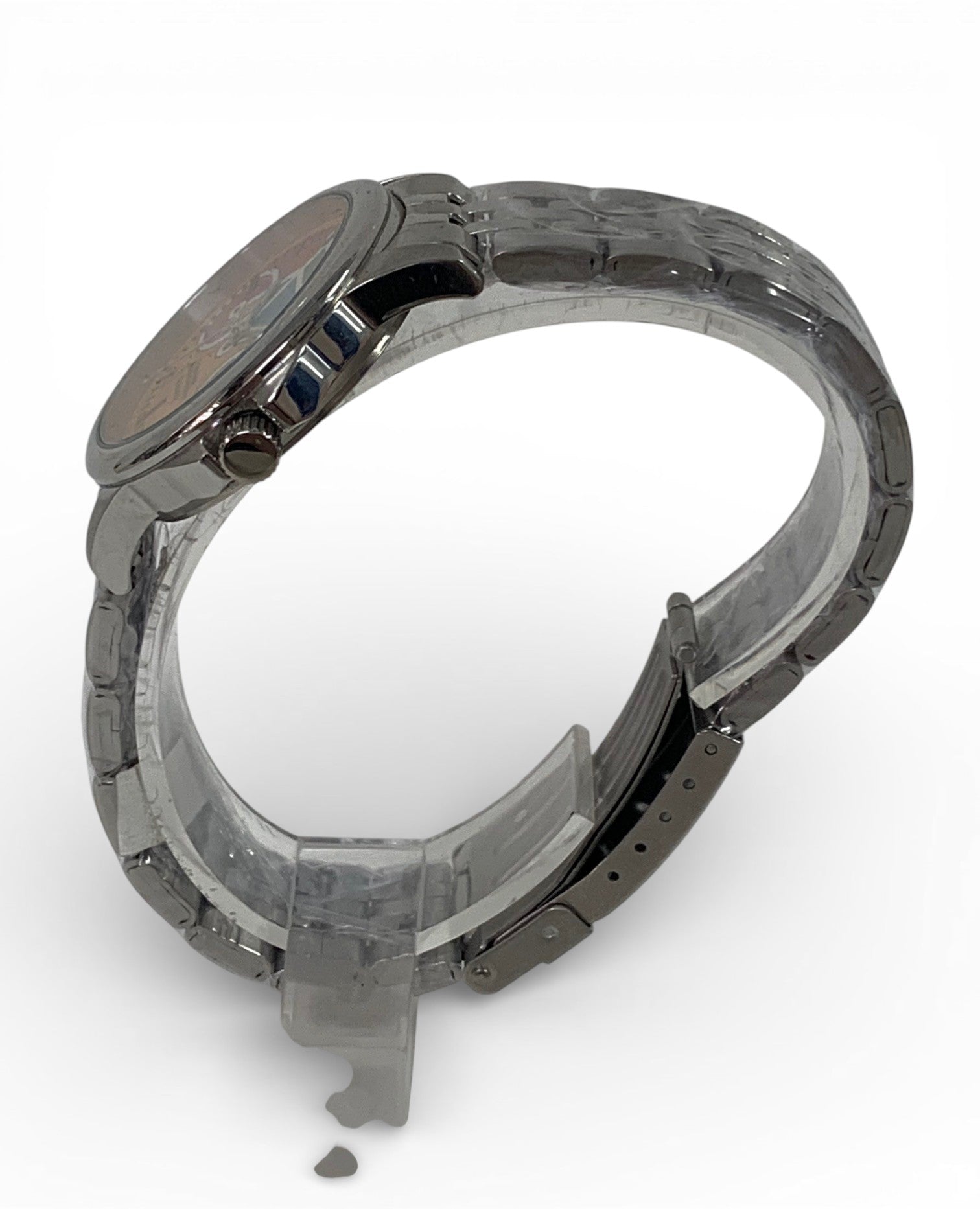 Stainless-steel watch and bracelet with bicycle inspired background.