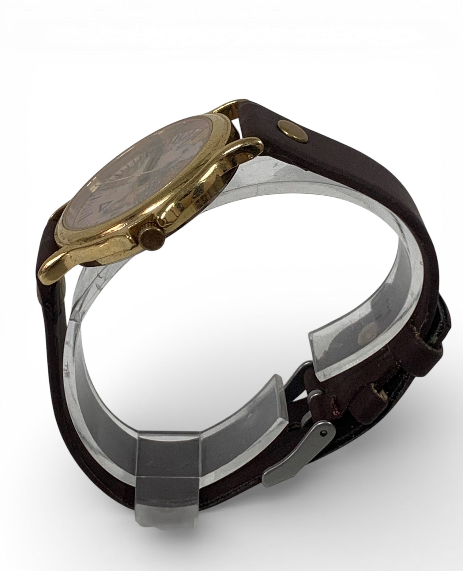 Metal man watch with dark brown riveted leather bracelet