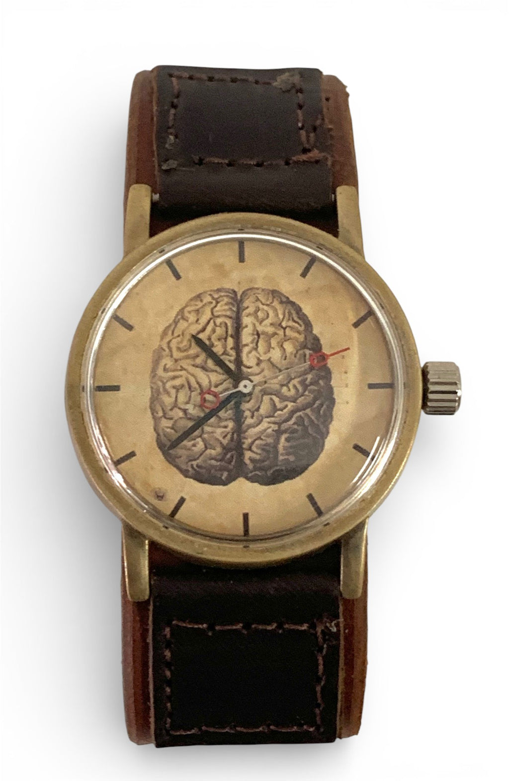 Men bronze watch with hand-made leatherr bracelet and brain design background.