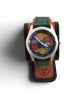 Man watch with hand-made leather bracelet with push bottoms closing.