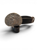White bronze oval belt buckle with dark hand-made leather belt