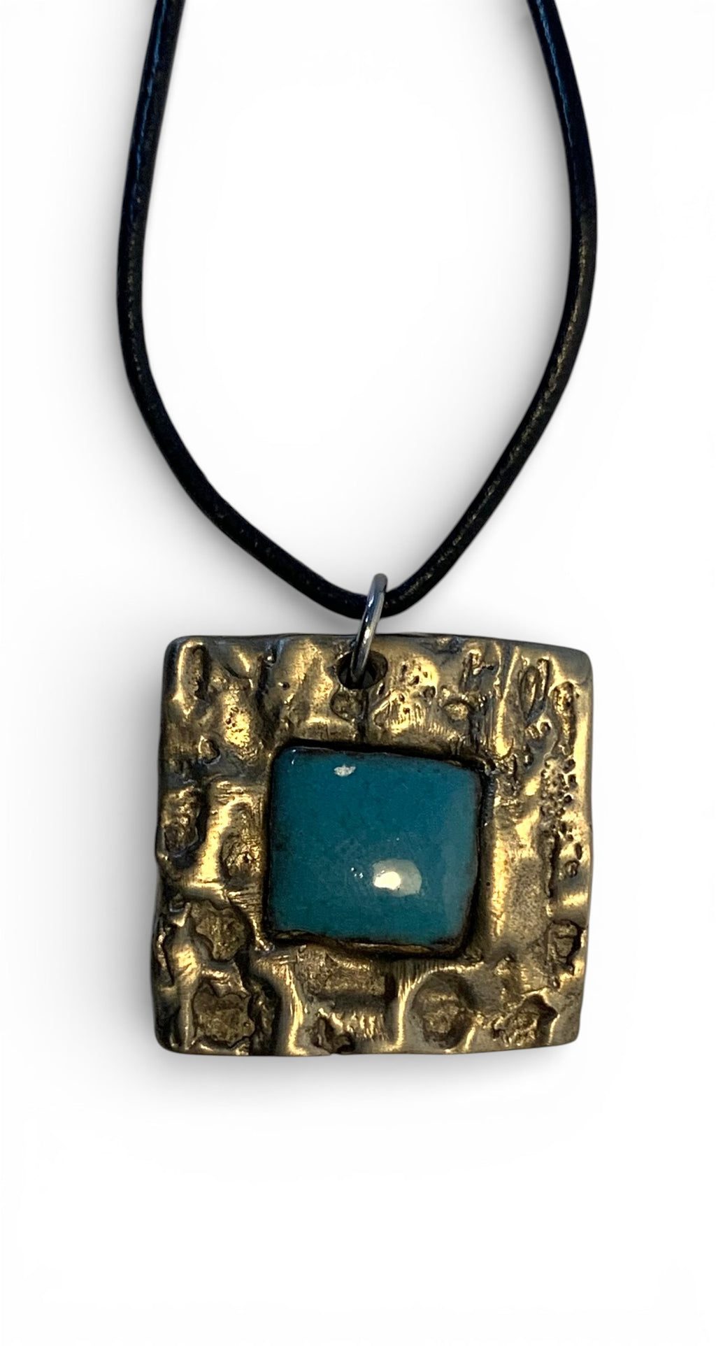 Bronze pendant with custom-made ceramic insert and leather chain
