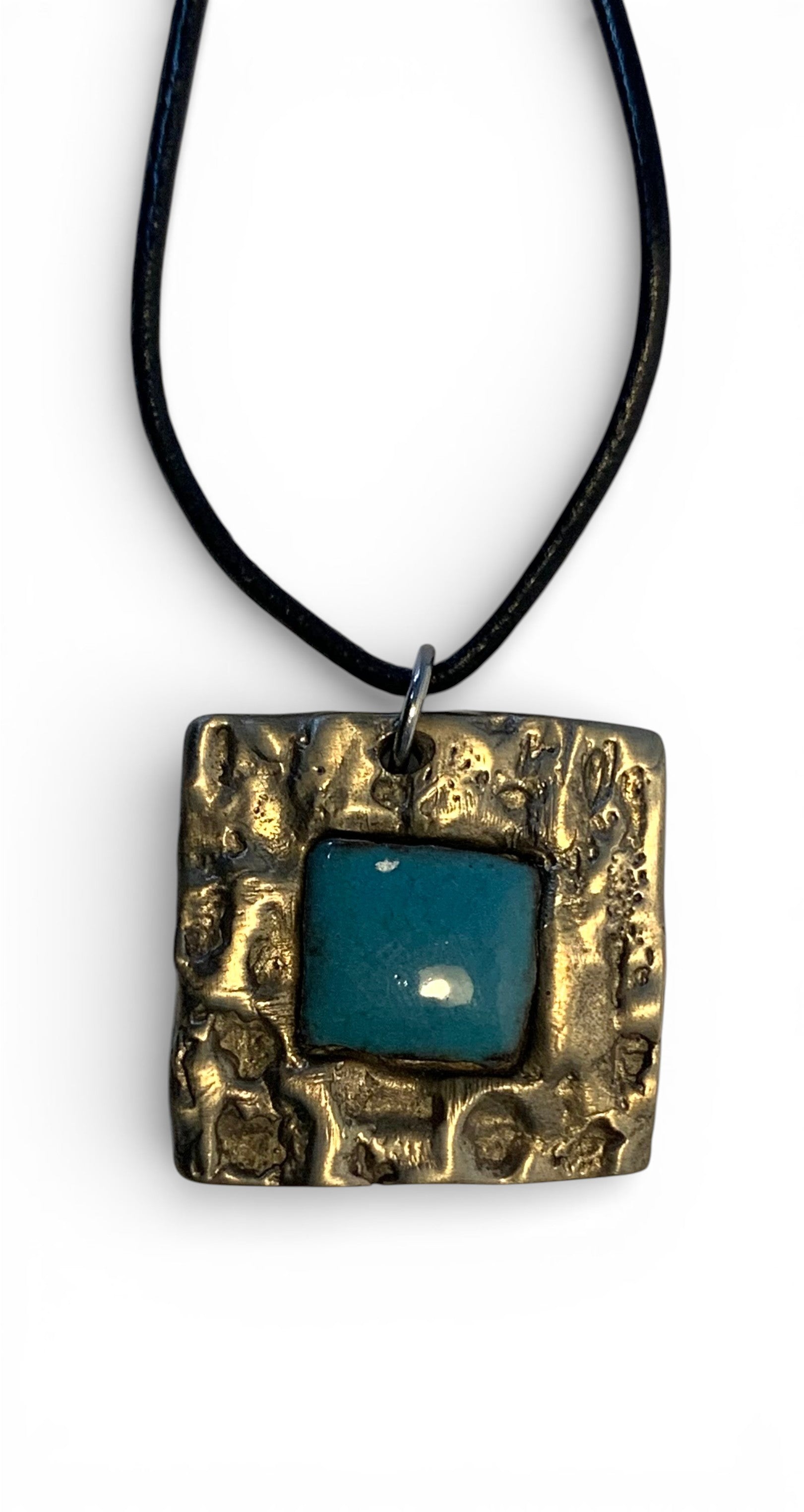 Bronze pendant with custom-made ceramic insert and leather chain