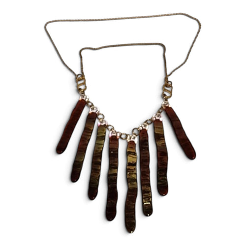 Amber blown glass necklace with eight gold-fumed glass drops on a brass chain