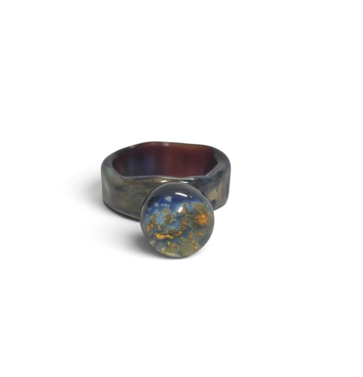 Borosilicate glass ring with a galaxy-like sphere in blue and gold