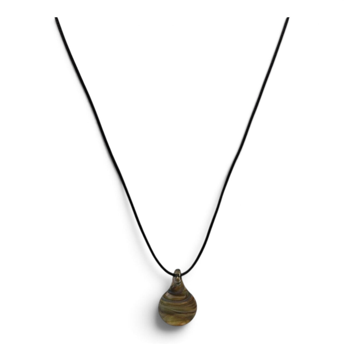 Teardrop borosilicate glass pendant with striped pattern on a black cord