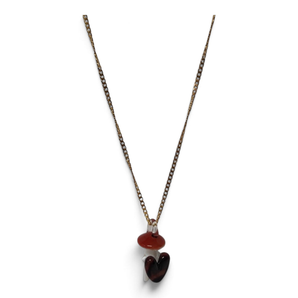Borosilicate glass mushroom necklace with heart detail on a brass chain