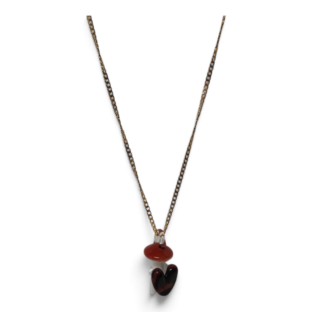 Borosilicate glass mushroom necklace with heart detail on a brass chain