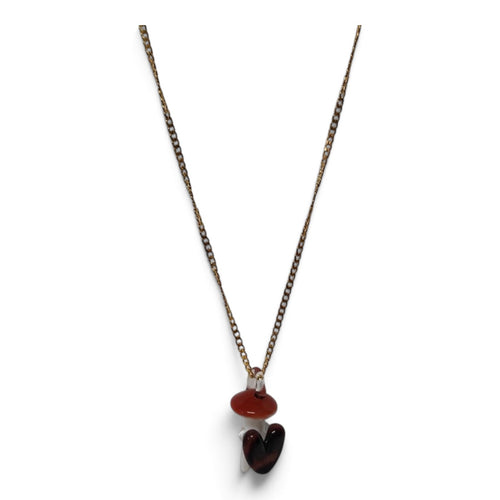 Borosilicate glass mushroom necklace with heart detail on a brass chain