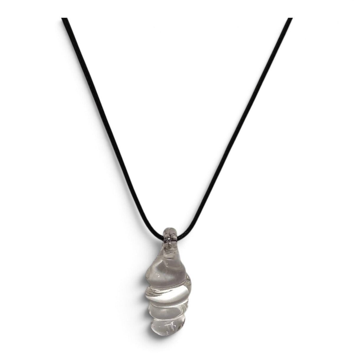 Clear borosilicate glass spiral pendant on a black cord