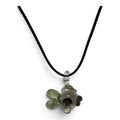 Borosilicate glass fish pendant with green fins on a black cord